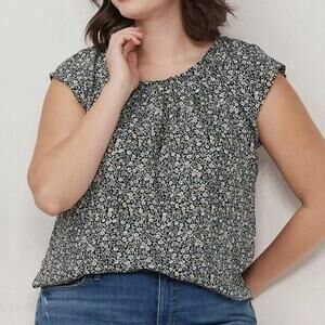 LC Lauren Conrad Black Multi Floral Pleated Blouse Womens XS Cap Sleeve Tie Back